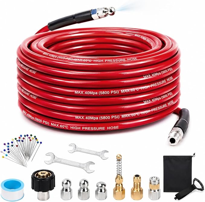 Sewer Jetter Kit for Pressure Washer, 100FT 5800 PSI Drain Cleaner Hose with 1/4" NPT Corner, Rotating and Button Hose Sewer Jetting Nozzle, Waterproof Tape, Pearl Corsage Pin, Spanner, Glove