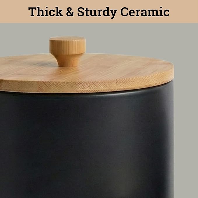 Ceramic Kitchen Canisters for Countertop Set of 3 with Airtight Bamboo Lids - Black Kitchen Canisters with Airtight Lids - Flour Sugar Canister Set - Flour and Sugar Containers Farmhouse - Coffee Jar