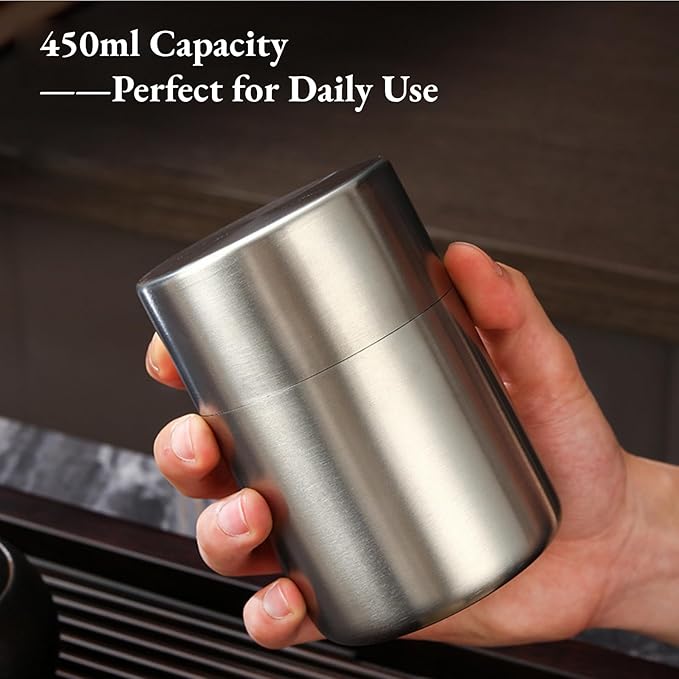 AUNMAS Tea Tin Canister, Stainless Steel Tea Coffee Sugar Storage Container with Airtight Double Lids for Loose Tea and Tea Bags, Kitchen Cup for Coffee Sugar Seasoning Storage (450ml)