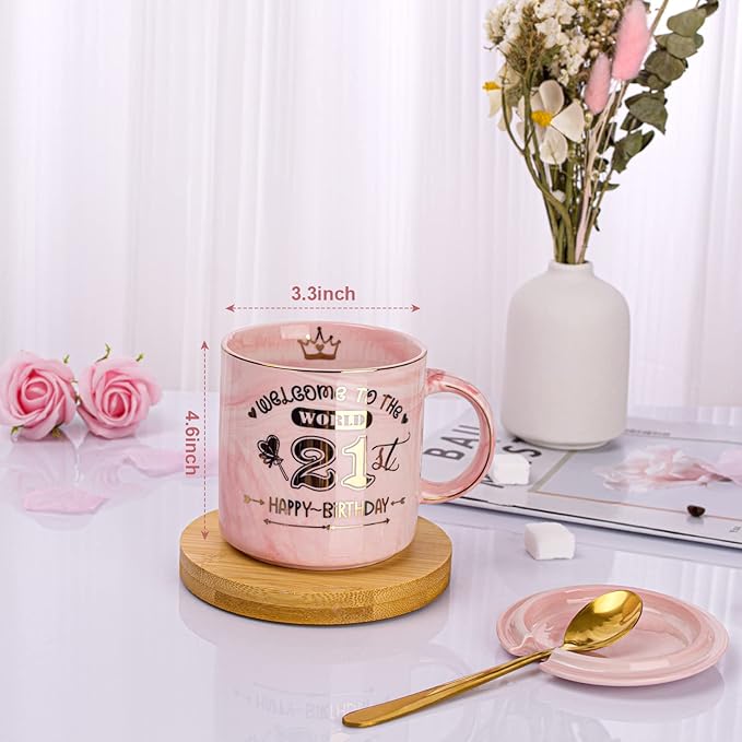 Happy 21st Birthday Gifts for Her - 14oz Pink Marble Coffee Mug with Gold Print, Funny 21 Bday Gift Idea Presents for 21 Year Old Women, Daughters, Girls, Female Friends, with Greeting Card, Gift Box