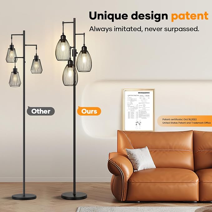 Dimmable Floor Lamp, 3 x 800LM LED Edison Bulbs Included, Farmhouse Industrial Floor Lamp Standing Tree Lamp with Elegant Teardrop Cage Tall Lamps for Living Room Bedroom Office Dining Room-Black