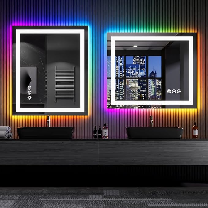 LOAAO 30"X36" RGB LED Bathroom Mirror with Lights, Anti-Fog, Dimmable, Lighted Bathroom Vanity Mirror, Multiple Light Modes, RGB Backlit + Front Light, Memory Function, Tempered Glass, ETL Listed