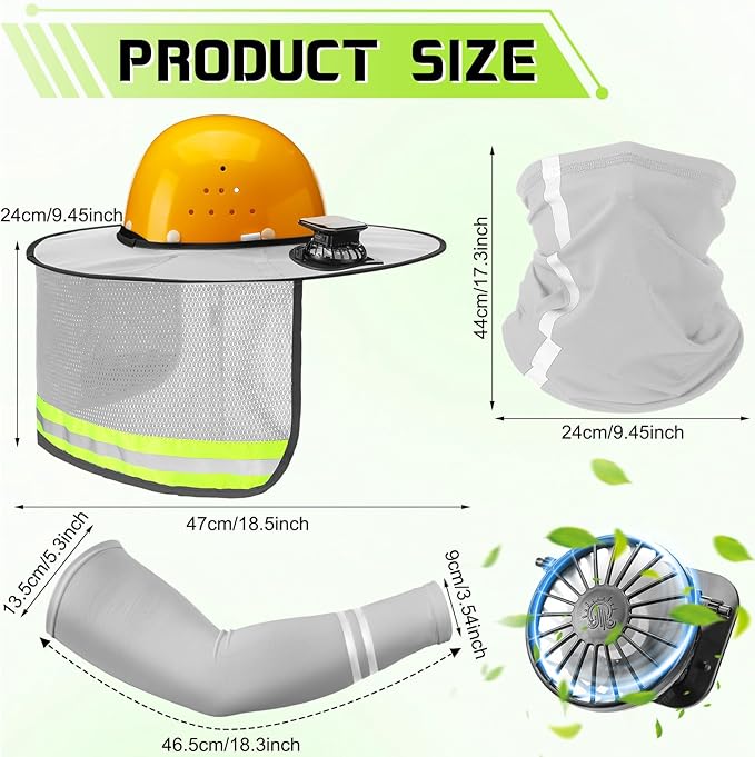1 Set Sun Hard Hat Shade Full Brim Hard Hat Sun Visor with 2 Solar Fans and Neck Sunshade Cover UV Reflective Strap Arm Sleeves for Construction Workers Outdoor Protection(Light Grey)