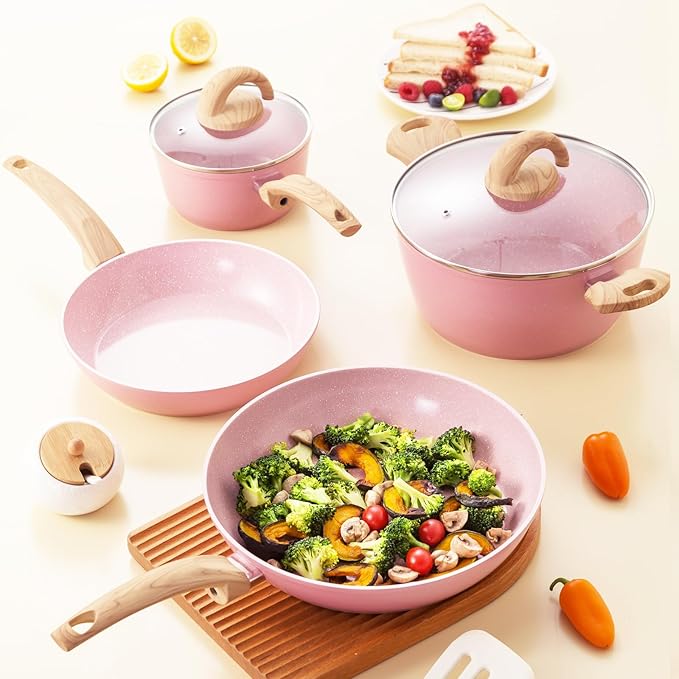Vkoocy Pink Pots and Pans Set Non Stick, Ceramic Cookware Set with Granite Pattern Kitchen Cooking Sets Induction Pot and Pan w/Frying Pans, Saucepans, Casserole, Non-Toxic, PTFE/PFOA/PFOS-Free