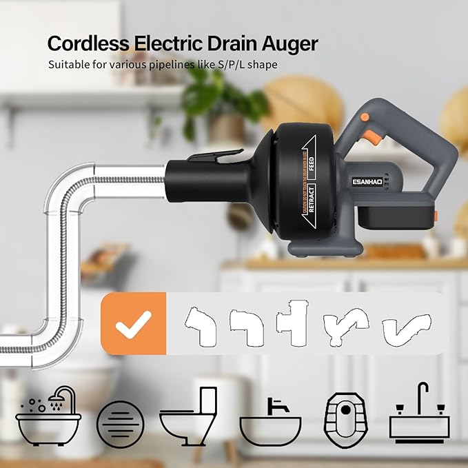 Electric Drain Auger 25ft Cordless Drain Cleaner machine auto feed plumbing snake for kitchen sink, showers, toilet et. 3/4-2" Pipe drain clog (Standard)