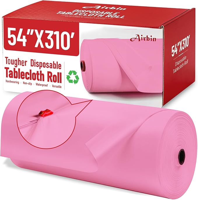 Plastic Table Cloth, 310 Ft X 54 in Plastic Table Cloth Disposable Pink Tablecloth with Any Cut Sliding Cutters Premium PEVA Disposable Tablecloth for Picnics, Parties, Birthdays, Festivals