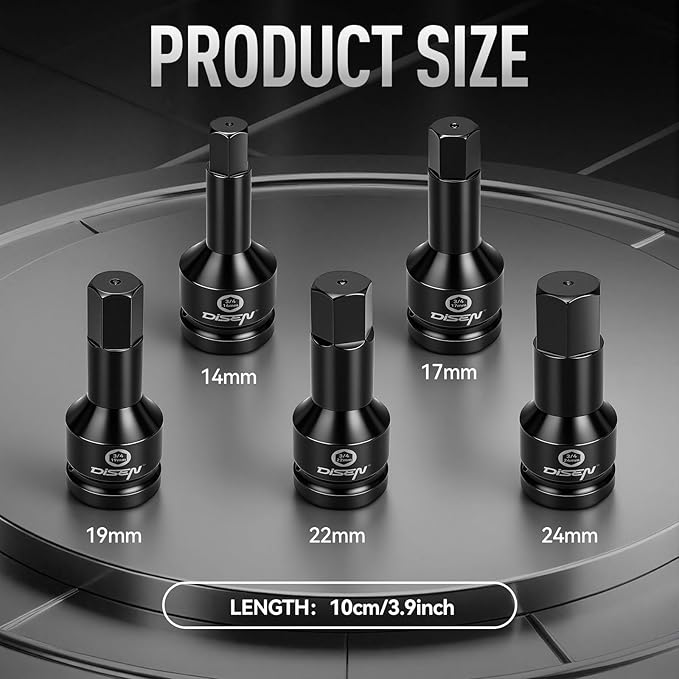 DISEN 3/4 Inch Drive Impact Hex Driver Set, 5-Piece, Metric, 14mm, 17mm, 19mm, 22mm, 24mm, CR-MO Steel, Professional Mechanic Repair 3/4” Hex Socket Set