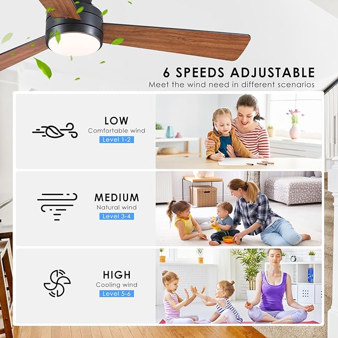 Asyko 46" Brown Low Profile Ceiling Fans with Lights and Remote, Modern Indoor Ceiling Fan Light with Quiet Reversible DC Motor, Flush Mount Ceiling Fans with Dimmable LED for Bedroom Kitchen