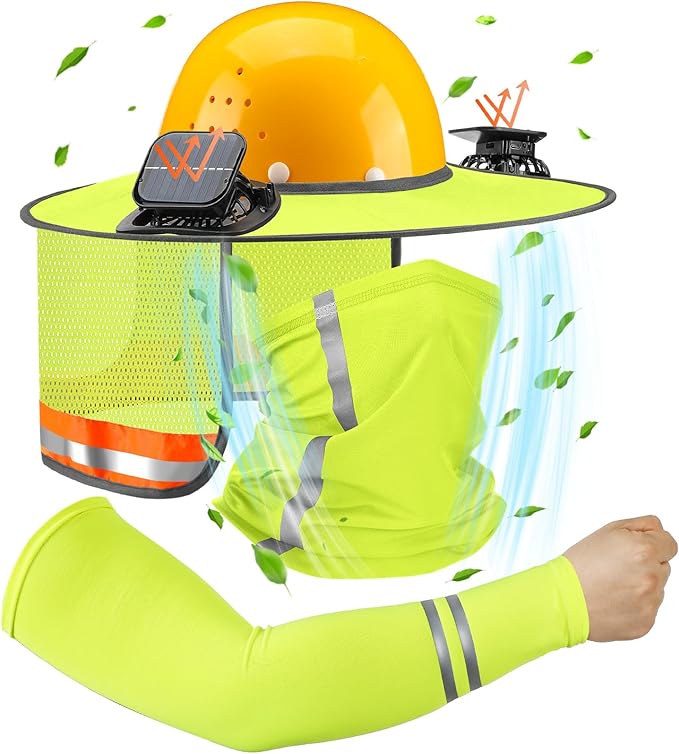 1 Set Sun Hard Hat Shade Full Brim Hard Hat Sun Visor with 2 Solar Fans and Neck Sunshade Cover UV Reflective Strap Arm Sleeves for Construction Workers Outdoor Protection(Fluorescent Yellow)