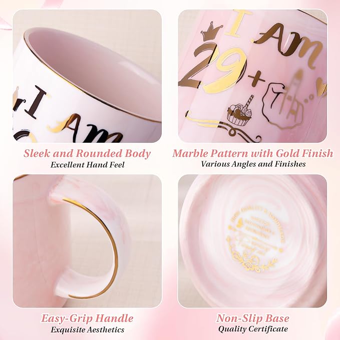 Funny 30th Birthday Gifts for Women - 14oz Pink Marble Ceramic Coffee Mug with Cheeky 29+1 Joke, Elegant Gold Print, Include Greeting Card & Beautiful Gift Box, Perfect for Birthday Celebration, Party
