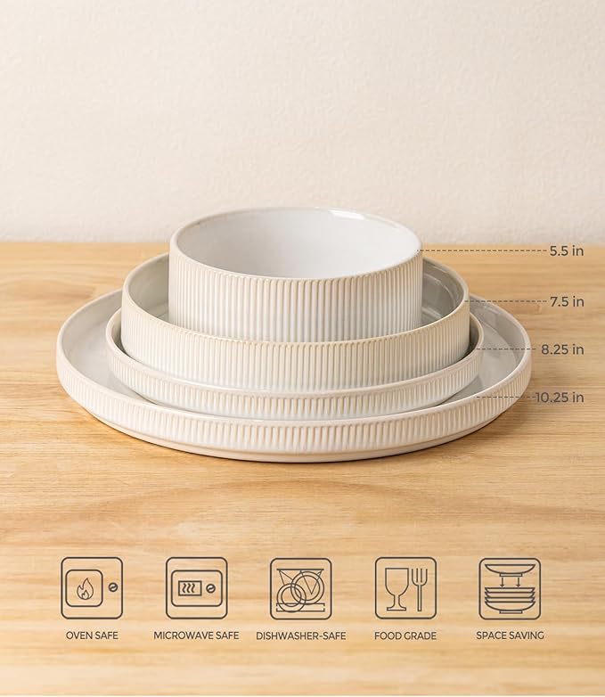 TheTerra Ceramic Dinnerware Sets with Pasta Bowls for 4, 16 Pieces Porcelain Lightweight Plates and Bowls Sets, Scratch Resistant Dish Set, Oven & Microwave & Dishwasher Safe, Reactive White