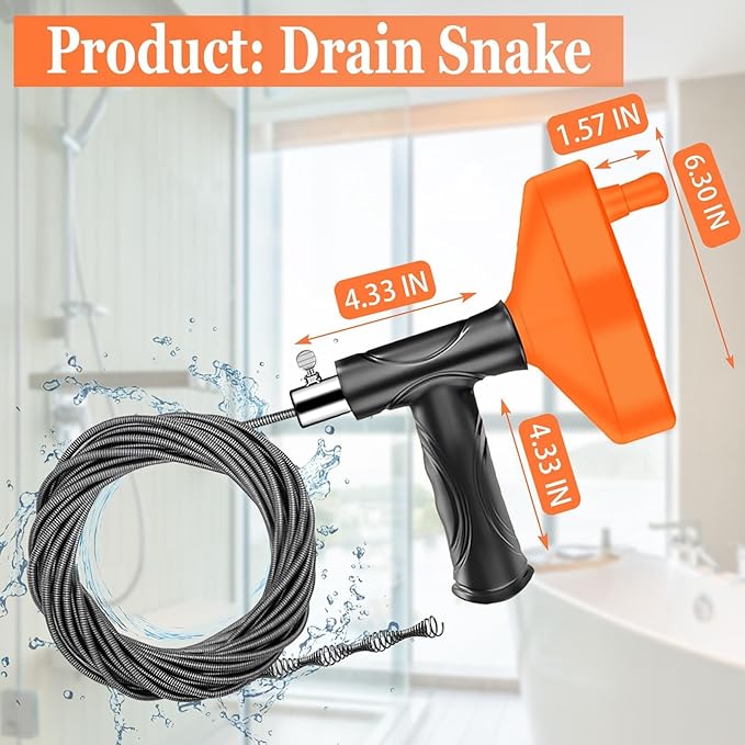 Drain Snake Auger Plumbing Snake Drain Hair Clog Removal Tool, Sink Drain Heavy Duty Toilet Snake Auger, Cleaner Tool for Bathroom Kitchen Tub Shower Drain Clog Remover with Gloves 33FT
