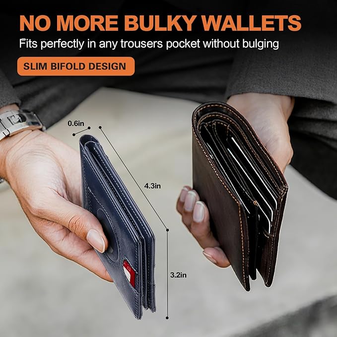 Wallet for Men Slim RFID Blocking Bifold Carbon Fiber,Minimalist Small Compact Front Pocket Credit Card Holder,Thin Mens Leather Wallets Smart Security With 2 ID windows 1 Cash (Oil Wax Blue)