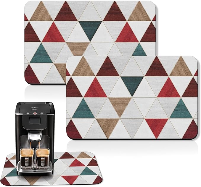 Arttown Coffee Mat for Countertops, Minimalist Modern Geometric Patchwork Red Dish Drying Mat 2 Pcs for Kitchen Bar Accessories, Coffee Maker Espresso Machine Dish Rack Hide Stain Rubber 12x19in