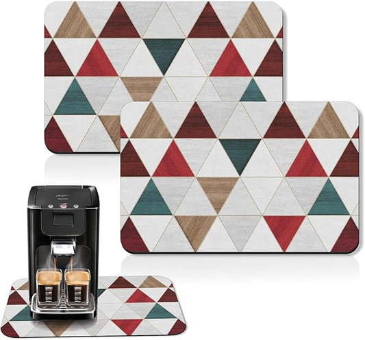 Arttown Coffee Mat for Countertops, Minimalist Modern Geometric Patchwork Red Dish Drying Mat 2 Pcs for Kitchen Bar Accessories, Coffee Maker Espresso Machine Dish Rack Hide Stain Rubber 12x19in