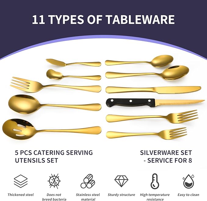 Lazycorner 53 Piece Gold Silverware Set for 8, Flatware Set with Steak Knives for 8 and 5 Public Serving Use Set 18/10 Stainless Steel Utensils Set Cutlery Set For Restaurant Hotel Dishwasher Safe