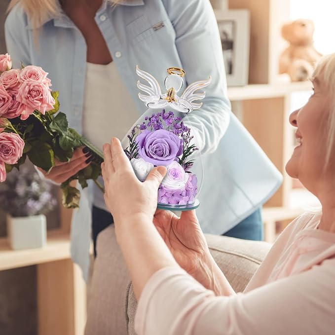 FIACO Gifts for Women Preserved Rose Forever Flower in Glass Angel Figurines Fresh Flowers for Delivery Prime Mothers Day Birthday Gifts for Mom Real Roses for Grandma Sister Wife Her from Daughter
