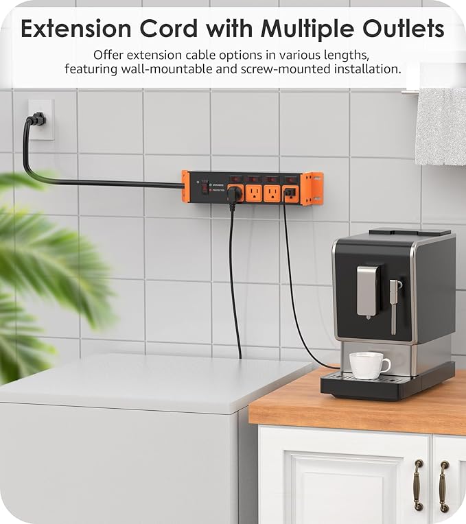 CCCEI Heavy Duty Surge Protector Power Strip 20 Amp Individual Switches. 20FT 12 Gauge Extension Cord with Multiple Outlets. Kitchen, Garage, Shop, Industrial Wall Mount Electric Extender, Orange.