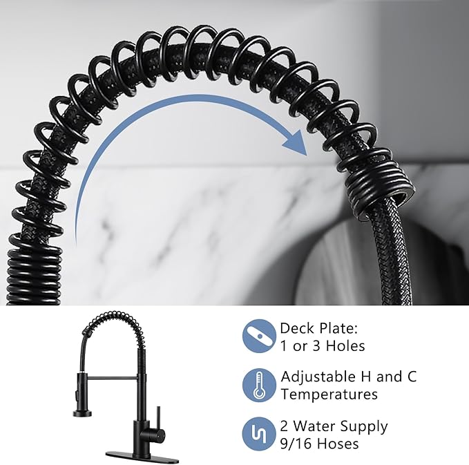 DJS Kitchen Faucets with Pull Down Sprayer Single Handle 1 or 3 Holes Spring Kitchen Sink Faucet with Deck Plate for Farmhouse RV Vessel Basin (Matte Black)