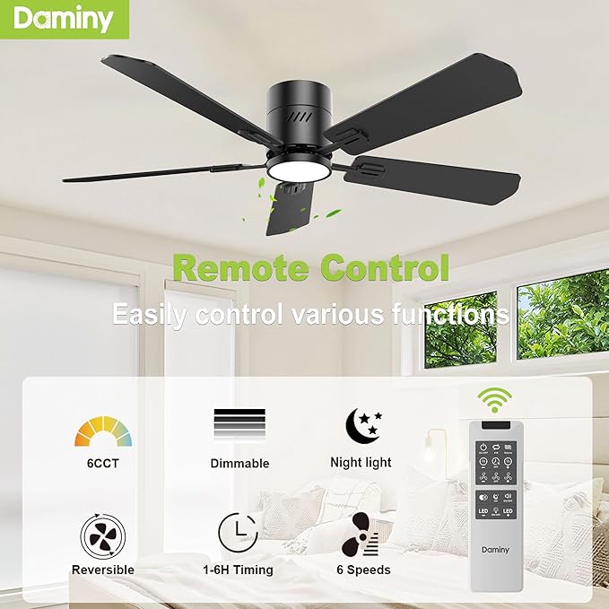 DAMINY 52 inch 5 Blades Black Ceiling Fans with Lights,Flush Mount,6CCT, Low Profile Ceiling Fan with Light and Remote Control,DC Motor,Ceiling Fan for Bedroom, Kitchen,Living Room,Indoor/Outdoor Use