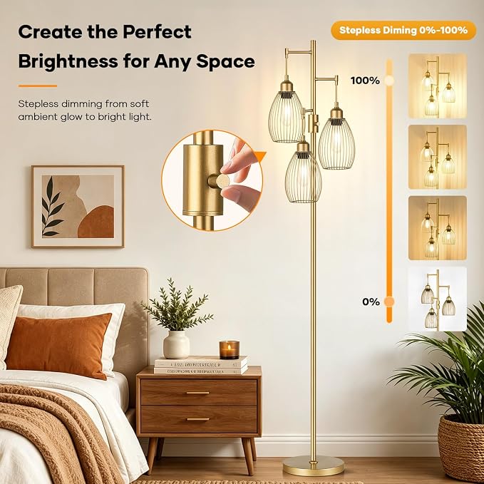 Dimmable Floor Lamp, 3 x 800LM LED Edison Bulbs Included, Farmhouse Industrial Floor Lamp Standing Tree Lamp with Elegant Teardrop Cage Head Tall Lamp for Living Room Bedroom Office Dining Room - Gold