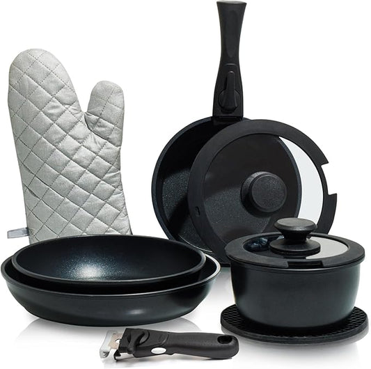 Moss & Stone 10pcs Nonstick Cookware Pans with Removable Handles, Space Saving Pots and Pans with Removable Handles, RV Pots and Pans Set for Camping, Oven and Induction Ready