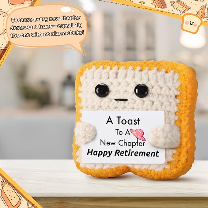 Crochet Toast Retirement Plush – Handmade “A Toast to a New Chapter” Card – Unique Retirement Gift for Coworker, Boss, Teacher, Mom, Dad – Funny Retired Present Desk Decor Keepsake