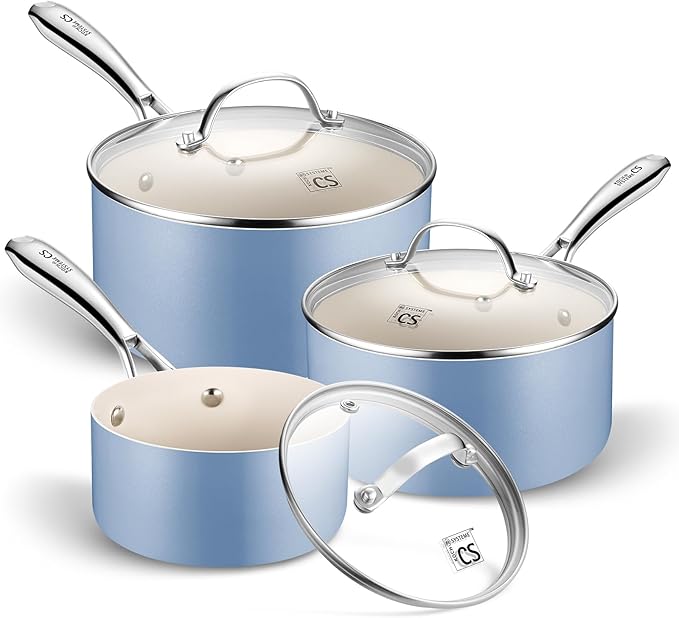 KOCH SYSTEME CS Nonstick Sauce Pan with Lid 1QT, 2QT & 3QT, Non-Toxic Ceramic Saucepan Set, Blue Sauce Pan Set, Multipurpose Cooking Pots Set, Compatible induction