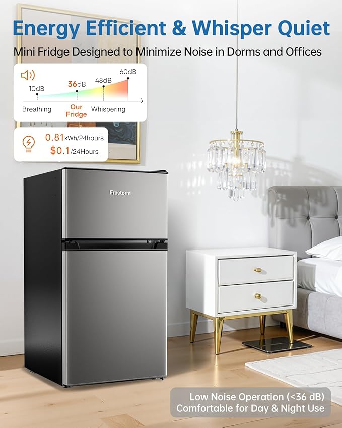 3.2 Cu Ft Mini Fridge with Freezer - Energy Efficient, Double Door Upright Freezer for Bedroom, Office & Dorm | Small Fridge, Glass Shelves,Interior Light,ETL Certified,etc(Silver)