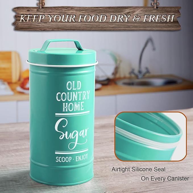 DAYYET Teal Canisters for Kitchen Counter, Airtight Kitchen Canisters for Countertop, Flour and Sugar Containers, Tea Coffee Sugar Canister Set, Turquoise Kitchen Decor and Accessories, Set of 4