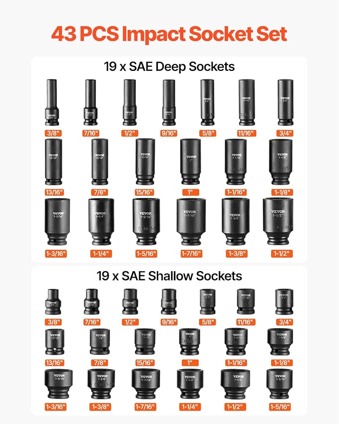 VEVOR Impact Socket Set 1/2" Socket Set 43 Piece Deep & Shallow SAE 3/8" to 1-1/2", 6 Point Cr-Mo Alloy Steel for Auto Repair, Easy-to-Read Size Markings, Rugged Construction, Storage Case