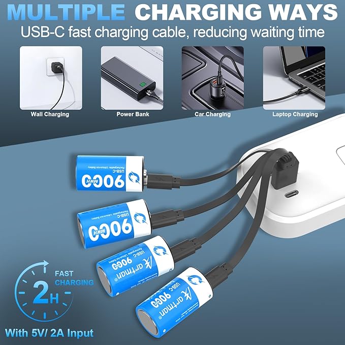Artman Rechargeable Lithium C Batteries 8 Pack, 1.5V C Cell Batteries with 4 in 1 USB-C Charging Cable, 9000mWh High Capacity Size C Li-ion Battery for Floodlight Toys, Recharge up to 1200+ Cycles