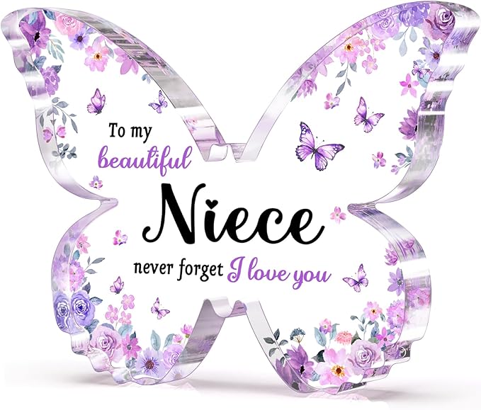 Niece Gifts from Auntie Aunt Uncle - Unique Purple Butterfly Acrylic Plaque Desk Decor - Mothers Day Christmas Valentines Day Graduation Gift for Niece - 5 x 3.8 x 0.5 inches