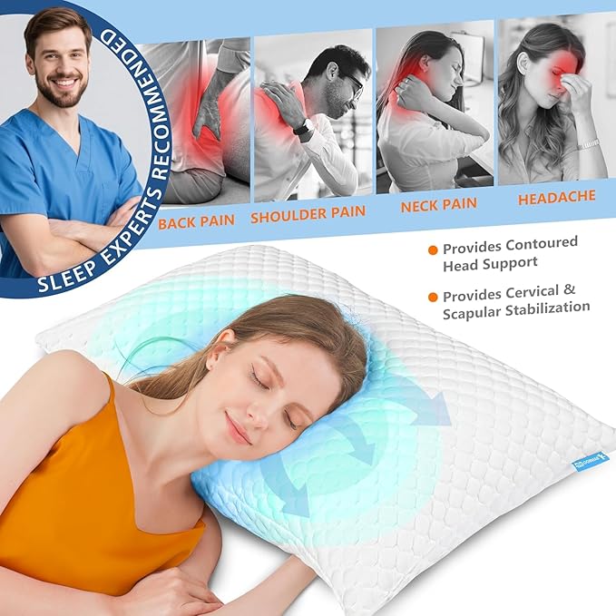 UYWO Cooling Memory Foam Pillows Firm and Soft, Standard Size 1 Pack, Original Adjustable Pillows for Side, Back or Stomach Sleepers with Removable Washable Cover
