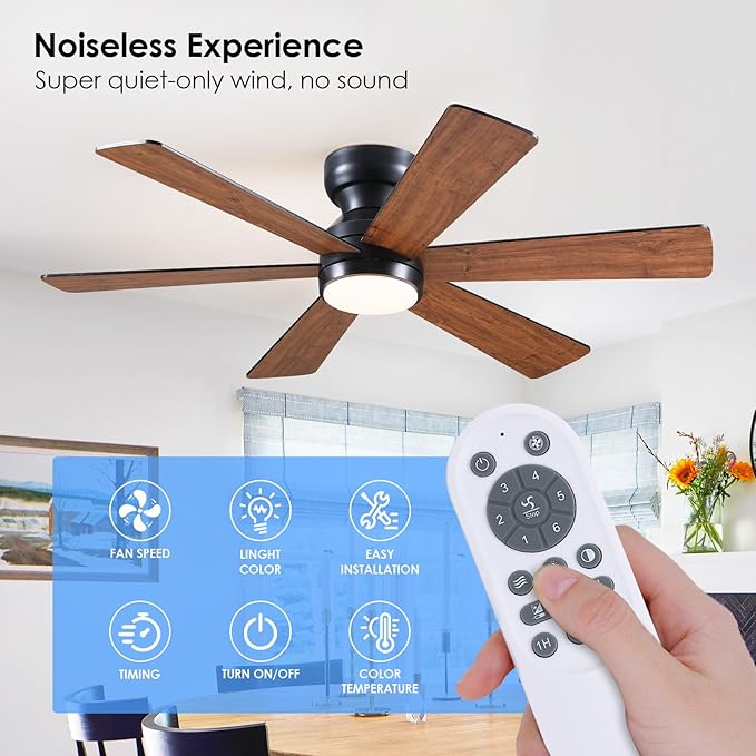Asyko 46" Brown Low Profile Ceiling Fans with Lights and Remote, Modern Indoor Ceiling Fan Light with Quiet Reversible DC Motor, Flush Mount Ceiling Fans with Dimmable LED for Bedroom Kitchen