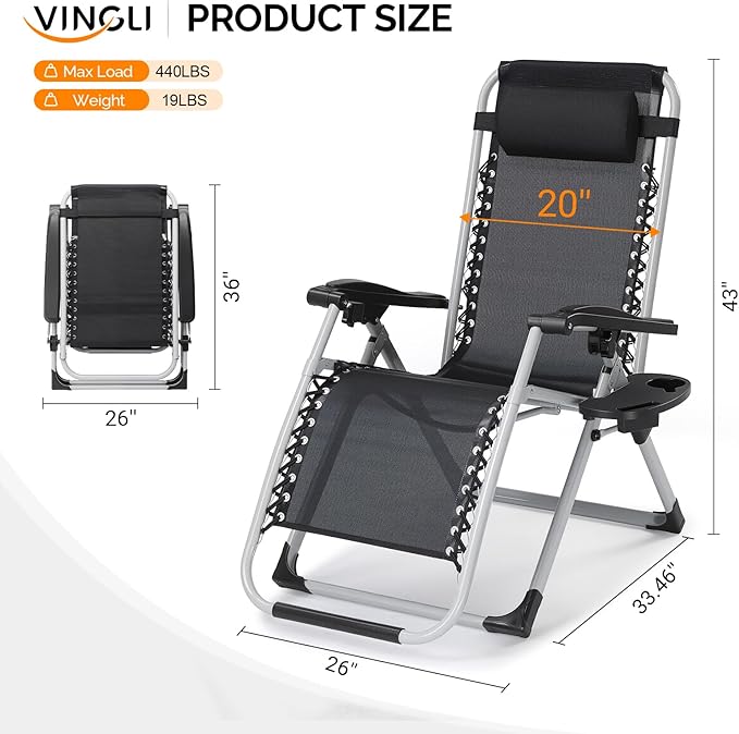 VINGLI Padded Zero Gravity Chair, Lounge Chair with Removable Cushion & Tray， Folding Reclining Patio Chairs， Recliner Chair for Lawn，Indoor Outdoor-Black
