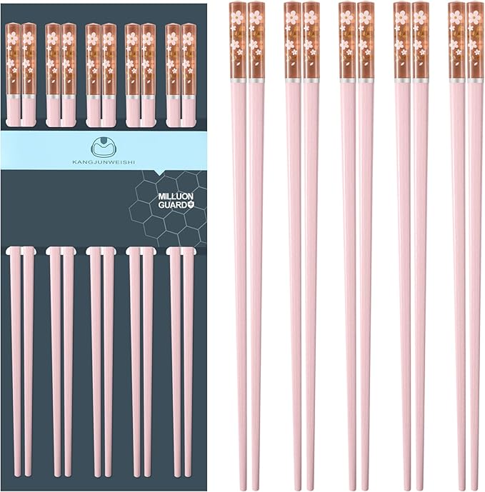 5 Pairs Fiberglass Chopsticks, Reusable Premium Japanese Chinese Korean Chopsticks Dishwasher Safe, Non-slip, Lightweight, 9.6 inches, Pink-Clear Sakura