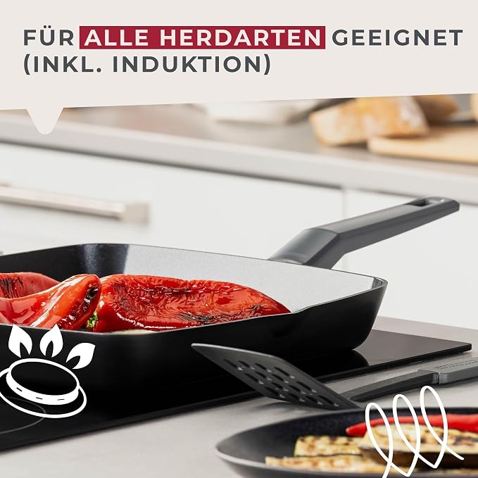 Fackelmann STATEMENT 28cm Grill Frying Pan, Recycled Aluminium, Non-Stick PFAS Free Ceramic Coating, Grill Line Base Structure, Comfort Grip Handle, All Stoves Including Induction,47x28x4.3cm,Ash Grey