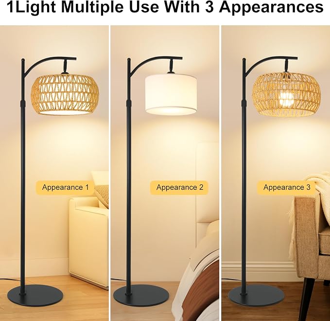 Boho Rattan Floor Lamp with Shade – 12W Bright Dimmable LED Bulb, Remote Control 3 Color Temperatures, Modern Farmhouse Handwoven Arc Standing Light for Living Room Bedroom
