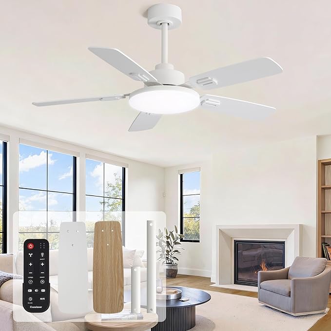 44 Inch Ceiling Fans with Lights and Remote for Bedroom Living Room Kitchen Office, Indoor/Outdoor Use, 5CCT Dimmable, Dual Color 5 Blades, 6 Speed Reversible Quiet DC Motor, White/Wood Grain