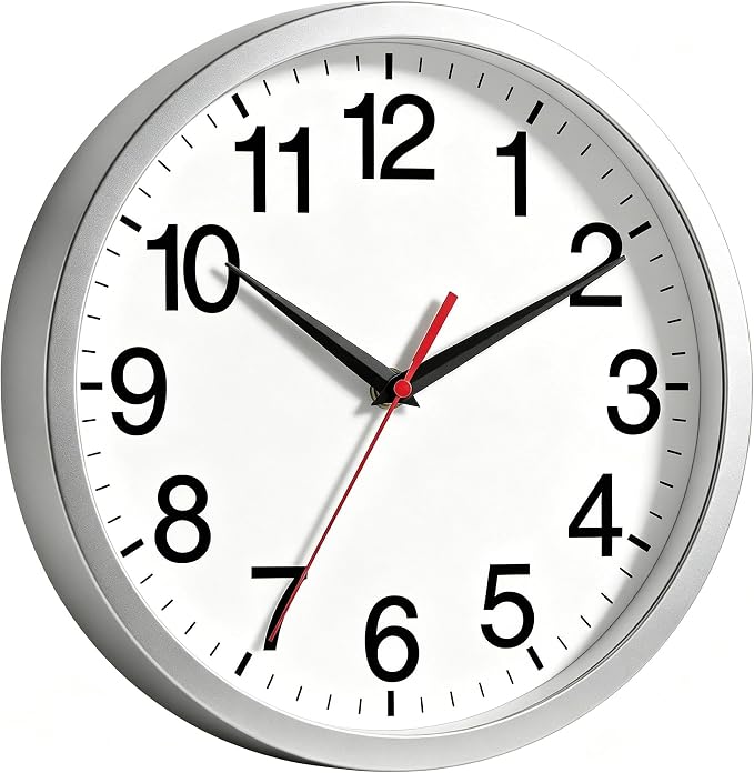 Rohioue Wall Clock Modern 10 Inch Battery Operated Silent Non Ticking Analog Clock Decorative for Bedroom Kitchen Bathroom Office Home Living Room (Silver)