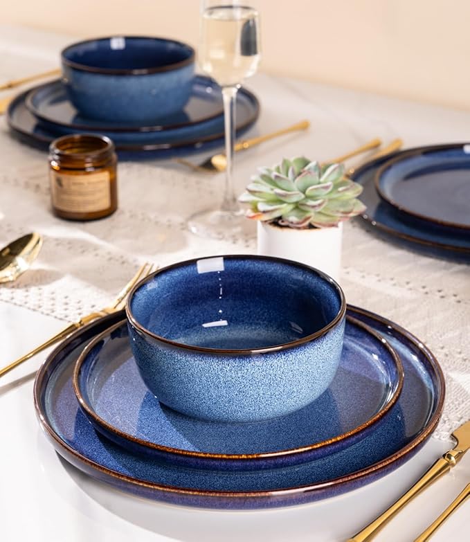 GBHOME Dinnerware Sets for 4, 12 Pieces Stoneware Plates and Bowls Sets, Scratch Resistant Ceramic Dishes, Dishwasher & Microwave Safe, Reactive Glaze-Sea Blue