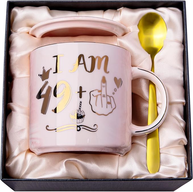 ALBISS Funny 50th Birthday Gifts for Women, 14oz Pink Marble Ceramic Coffee Mug with Gold 49+1 Sassy Hand Design, Elegant Turning 50 Gift for Her, Greeting Card & Gift Box Included