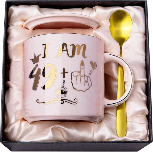 ALBISS Funny 50th Birthday Gifts for Women, 14oz Pink Marble Ceramic Coffee Mug with Gold 49+1 Sassy Hand Design, Elegant Turning 50 Gift for Her, Greeting Card & Gift Box Included