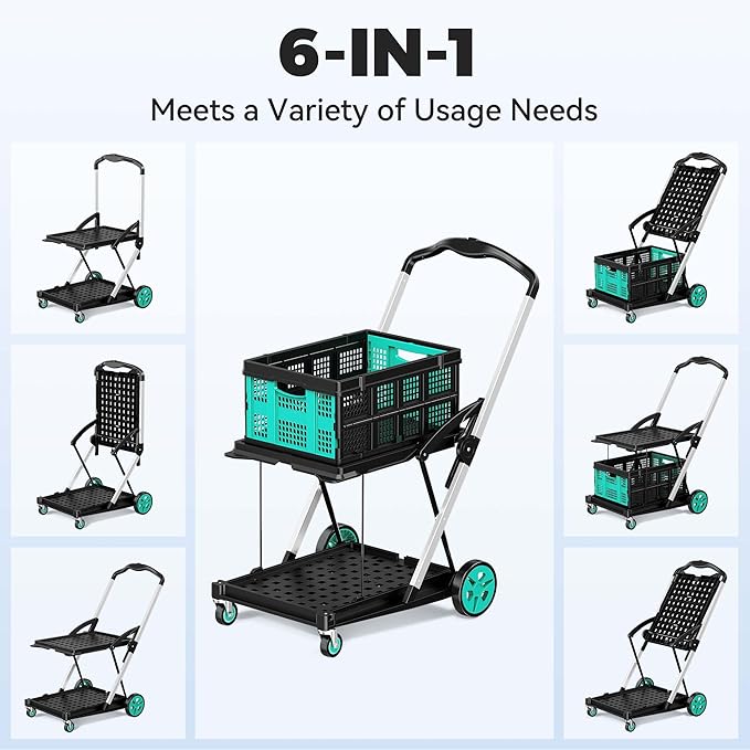 SILVEL 8-in-1 Collapsible Shopping Cart, 200LBS Portable Multi Functional Rolling Crate with 1 Storage Cart,Adjustable Handle Folding Grocery Cart on Wheels for Warehouse, Office, Supermarket, Teal