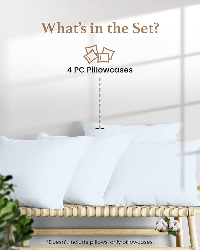 1000 TC Light Blue Standard Pillowcases Set of 4 100% Egyptian Cotton Pillow Cases with Long Staple Cotton & Sateen Weave, Silky Soft Hotel - Like Bed Pillow Covers for Comfy Sleeping, Snug Fit
