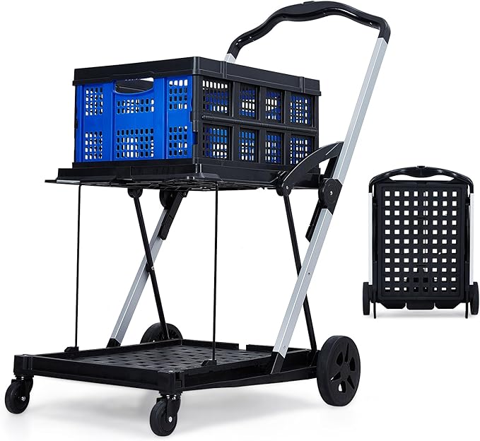 2 Tier Folding Shopping Carts for Groceries, 198 LB Capacity, Collapsible Portable Grocery Cart with Wheels & Removable Crate, Lightweight Foldable Shopping Trolley for Mall Market, Blue
