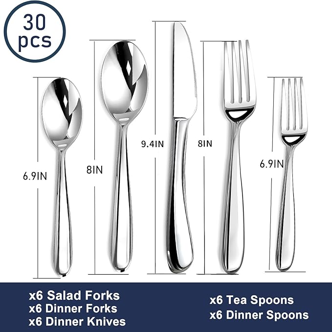 STILLOYE Heavy Duty Silverware Set for 6, 30 Piece Premium Stainless Steel Flatware Utensils Cutlery Set Including Steak Knife Fork and Spoon, Dishwasher Safe, Gift Package for Wedding Housewarming