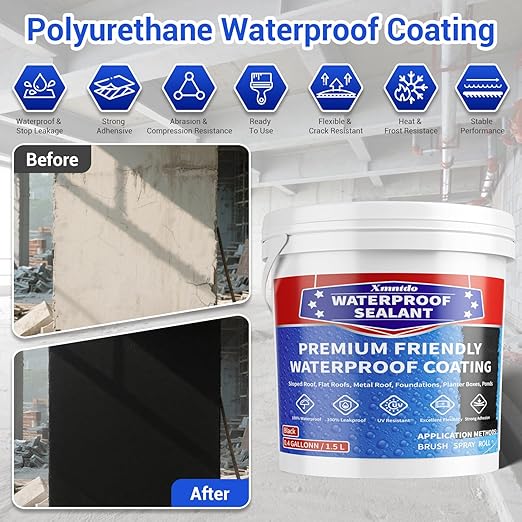 Polyurethane Waterproof Coating, 51 Fl Oz., Roof Sealant Multi-Surface Leak Repair Roofs, Foundations, Basements, Garages, Indoor and Outdoor Water Proof Sealant, Black