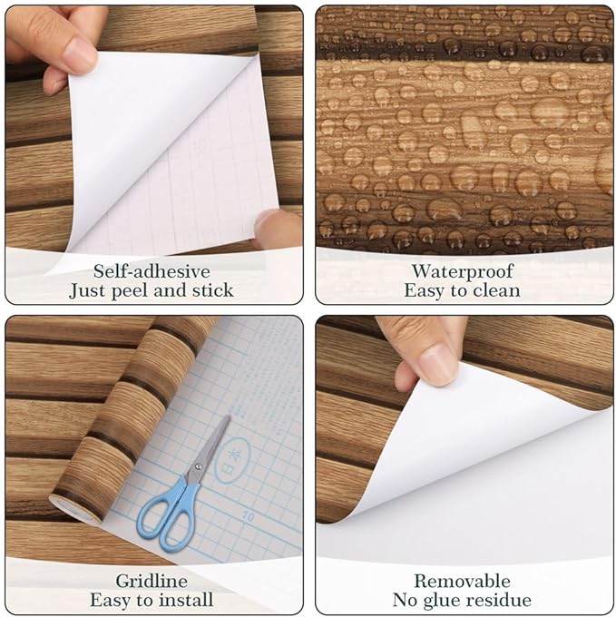 Arthome 17''x240'' Wood Slat Wallpaper, Peel and Stick Self Adhesive Wood Wallpaper PVC Vinyl Decorative Removable Wallpaper Waterproof Faux Wood Grating Stripe Contact Paper for Living Room Bedroom